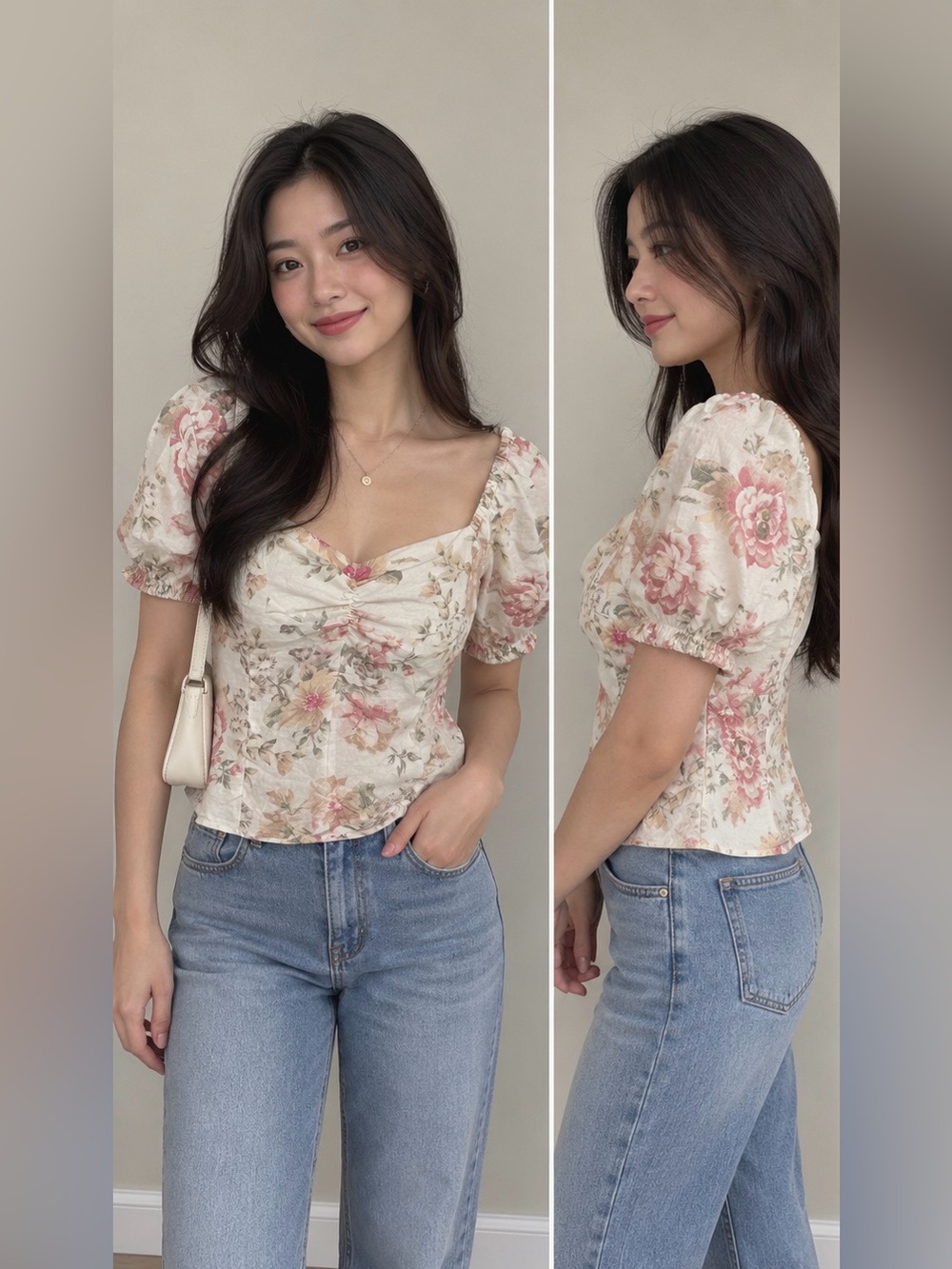 H&M Romantic Floral Puff-Sleeve Square Neck Linen ViscoseTop - Pink/Cream